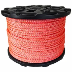 Hollow-braid non-conductive rope with a 7/16 in diameter, 880 lb working load limit, and 600 ft overall length. Suitable for material handling, lifting, pulling, and positioning tasks where electrical conductivity must be avoided.