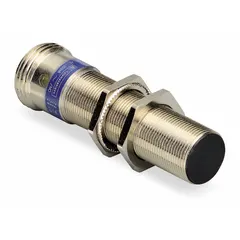 Shielded inductive cylindrical proximity sensor with built-in M12 connector and 3-wire DC output. Operates on 12-24V DC supply. Suitable for non-contact detection of metal objects in industrial automation applications such as packaging, material handling, and machine tools.