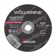 Type 1 cut-off wheel for general purpose cutting of carbon and stainless steel. 36 grit aluminum oxide construction. Measures 3" diameter by 1/8" thickness with 3/8" arbor hole. Suitable for cutting metal stock, tubing, and sheet metal in fabrication and repair work.