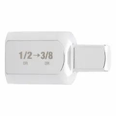 This adapter converts a 1/2-inch drive tool to accept 3/8-inch drive sockets. It features a square drive shape with a chrome finish and includes a locking mechanism to secure sockets. Overall length is 37/50 in. Commonly used in automotive repair, construction, and maintenance to bridge drive-size gaps.