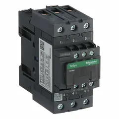 This SCHNEIDER IEC magnetic contactor is a non-reversing, 3-pole device with 3 normally open (NO) contacts, rated for 40 A and a 120V AC coil. It is used for switching electrical loads in motor control, lighting, and HVAC applications within industrial automation and panel building. This unit does not include integrated surge suppression.