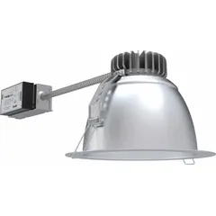 This 8-inch diameter remodeled-ceiling recessed LED downlight housing is for flat ceilings. It operates on 120 to 277V AC, is dimmable, and includes a clear open trim with a clear reflector. The unit is configured for 4000K color temperature and supports selectable lumen packages of 1,000 lm, 1,500 lm, or 2,000 lm.