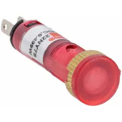 This LED indicator pilot light features a flush head design for low-profile panel mounting in a 5/16 in diameter hole. It uses a 0.11 Male Quick Disconnect for electrical connection, suitable for visual status indication on industrial control panels and equipment.