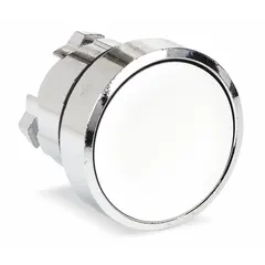 Flush-mount push-button operator from the XB4 series with maintained (latching) action. Metallic construction suited for industrial control panels. Used for start/stop or on/off commands in machinery and conveyor systems.