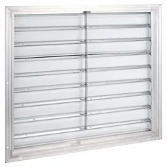 This wall-mount backdraft damper features a single-panel flat blade design with a 39-inch height, 39-inch width, and 2 1/2-inch depth. It mounts vertically and directs airflow horizontally, supporting a maximum air velocity of 2500 fpm. Suitable for ventilation systems requiring prevention of reverse airflow when the fan is not operating.
