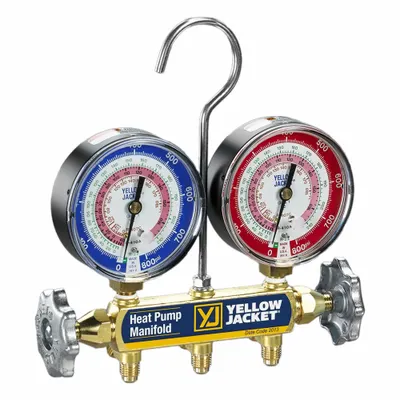 YELLOW JACKET Manifold Gauge: 2 Valves, 0 Hoses, 3 1/8 in Gauge - Analog Manifolds