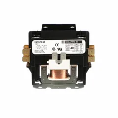 This SQUARE D definite purpose contactor is a 2-pole, non-reversing unit with 2 normally open main contacts. It is rated for 40 A at 208-240V AC coil voltage and a maximum of 600V AC. The contactor features quick-disconnect terminals and is suitable for switching single-phase loads in HVACR systems such as air conditioning, refrigeration, and heating equipment.