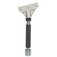 Floor scraper with a stiff, bent carbon steel blade for removing flooring materials, adhesives, and debris. Handle features a foam/rubber grip and a hammer end for controlled striking. Suitable for construction and renovation scraping tasks.