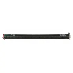 Steel torsion spring with 0.25 in wire diameter, 2 1/2 in outside diameter, and 180° deflection angle. Right-hand wind direction with closed drawbar ends. Used in counterbalance systems for lifting and lowering heavy doors.