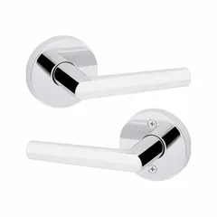 This KWIKSET storeroom lever lockset features a bright chromium-plated zinc finish and a rose style. It is ADA compliant and classified as ANSI F75 Hall function, allowing keyed entry from outside and free egress from inside. Suitable for hall or storeroom applications in commercial or institutional settings where privacy is not required. Not ligature-resistant and has no visual indicator.
