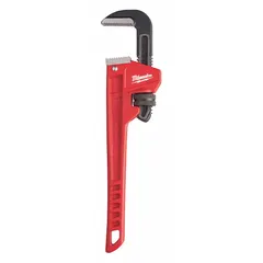 This straight pipe wrench from MILWAUKEE has a 12 in overall length and a 2 in jaw capacity. It features a serrated jaw and ergonomic design for gripping and turning pipes, fittings, and round stock in plumbing and maintenance tasks.