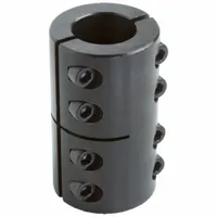Two-piece rigid shaft coupling with 1 in bore diameter for both shafts, designed for round shaft types. Manufactured in inch measurements without a keyway. Used to connect two shafts of equal diameter for precise alignment and torque transfer in power transmission applications such as industrial machinery, conveyors, and pumps