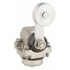 This limit switch head features a side-mounted roller arm plunger with a fixed, offset roller position. The non-metallic arm/operator provides mechanical actuation for detecting the presence or position of moving parts in industrial automation applications.