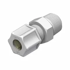 Acetal copolymer tube fitting for connecting 3/8 in OD tubing to a 1/2 in male NPT threaded port. Rated at 220 psi. White. USDA Listed for food-grade applications.