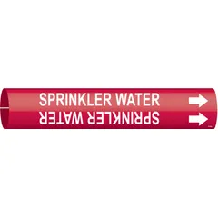 Snap-on pipe marker with red background and white legend reading 'Sprinkler Water'. Includes directional arrows to indicate flow. Fits pipe outer diameters from 1-1/2 to 2-3/8 inches. Used to identify sprinkler water lines in piping systems.