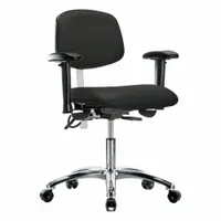This cleanroom chair features a vinyl seat and backrest, with an aluminum base. It is rated ISO 5 and ESD-Safe, suitable for controlled environments requiring static control and low particle generation. The chair includes arms, a seat width of 19 inches, depth of 18 inches, and height adjustment from 19 to 24 inches. Back tilt ranges 10.5° forward to 13.5° backward; seat tilt ranges 8° forward to 3° backward