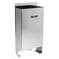 Stainless steel brush bucket designed for organizing and draining cleaning tools in facility maintenance. Includes a 2 in drain plug for easy liquid removal. Ready to install.