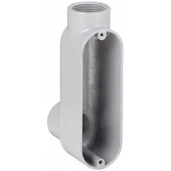 This RACO LB100 is a 1-inch trade size, powder-coated aluminum LB (90° elbow) conduit outlet body with a 12 cubic inch body capacity. It features threaded RMC connections and is used in electrical conduit systems as a pull point or junction for wire routing.