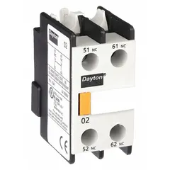 Front-mount auxiliary contact block with 2 normally closed (2NC) contacts rated for 2.5 A AC. Used to add extra switching circuits to contactors or relays in industrial control panels for status feedback or interlocking functions.