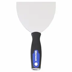 This standard spreading tool features a carbon steel blade with a tapered shape. The handle is constructed from polypropylene, TPR, and steel. It is used for applying and smoothing joint compound on drywall surfaces, as well as for general spreading and finishing tasks in construction and renovation.