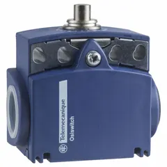 Non-metallic body limit switch with plunger actuator and screw clamp terminals. Maximum operating force 15 N. Suitable for position sensing in industrial automation applications such as conveyors and packaging lines.