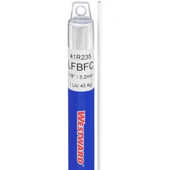 Low-fuming bronze brazing alloy, type RBCuZn-C, supplied as a flux-coated rod measuring 1/8 in x 36 in. Provides a tensile strength of 71 ksi and yield strength of 64 ksi. Packaged individually (1/pk). Used for joining steel, copper, and brass components in applications such as HVAC, plumbing, and industrial piping.