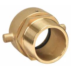 This brass swivel adapter connects fire hoses to standpipe systems or hydrants. It features a straight, pin lug design with 1-1/2 in NPSH x NPT threads for secure coupling in fire protection applications.