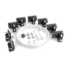This wire rope festoon kit provides a 40 ft track length for supporting flat cables or hoses in overhead applications. It includes necessary hardware and requires a minimum of 54 ft of flat cable or hose. Suitable for use with moving machinery and overhead systems where cable management is needed.
