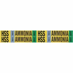 Ammonia adhesive pipe marker for industrial refrigeration piping identification. Type VAP, Low pressure level, fits pipe O.D. 3/4 to 2-3/8 in. Set of 4 markers without arrows, IIAR system abbreviation HSS.