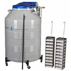 This stainless steel cryogenic storage system has a 165 L capacity, overall diameter of 26 7/8 inches, and overall height of 39 inches. It includes a transfer hose for dispensing. Designed for storing and dispensing industrial liquids at cryogenic temperatures in laboratory, medical, and manufacturing settings.