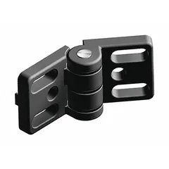 This zinc butt hinge is designed for use with 45 Series structural framing systems featuring a 10 mm slot width. It has a black finish and an 8.3 mm mounting hole, providing a pivot point for doors, panels, and access covers in industrial framing and machine guarding applications.