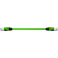 This shielded Cat5 cordset features RJ45 male straight connectors on both ends, a green TPE jacket, and a 3-meter length. Rated IP20, it is suited for industrial Ethernet connections in automation and control systems, linking devices such as PLCs, sensors, and switches.