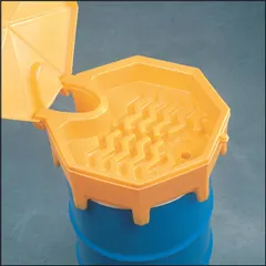 This yellow polyethylene drum funnel is designed for use with 55-gallon drums. It features a manual-closing lid to help contain vapors and prevent spills during liquid transfer. The funnel measures 28 inches by 11 inches and has no flame arrester. Its corrosion-resistant construction is suited for industrial fluid handling applications.