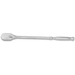 This standard-head ratchet features a pear head design with a chrome finish. It is reversible and has a 15-inch overall length with a 4° minimum arc swing, enabling use in confined spaces. Suitable for tightening and loosening fasteners in automotive repair, industrial maintenance, and mechanical assembly.