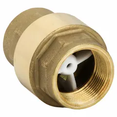 This BONOMI inline disc check valve is made of lead-free brass with female NPT threads on both ends. It prevents backflow in piping systems, allowing flow in one direction only. Suitable for use in plumbing and industrial applications where reverse flow protection is required.