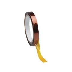 Polyimide film tape with silicone adhesive, amber color, 1 mil thickness, 2-1/2 inches wide, 36 yards long. Designed for masking applications requiring heat resistance during industrial processes such as wave soldering, powder coating, and plasma spraying.