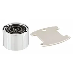 This metal laminar flow outlet in chrome finish features a 55/64"-27 female connection and includes a key for installation. Designed to deliver a clear, non-aerated stream, it is commonly used in commercial faucets to reduce splashing and maintain consistent flow.