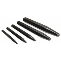 This 5-piece center punch set includes tip sizes of 3/8 in, 3/16 in, 3/32 in, 5/16 in, and 5/32 in. Features a plain grip and comes in a pouch for organized storage. Used to mark precise starting points for drilling in metal, wood, or plastic, preventing drill bit wander