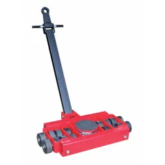 This machine roller is designed for moving heavy loads in industrial settings. It features a swivel design with 16 rollers for maneuverability. The deck height is 7 inches, and the overall dimensions are 9 3/4 inches by 9 3/4 inches. The red finish provides visibility.