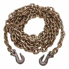 This transport chain is made of forged alloy steel with welded straight links and includes a grab hook. It is designed for tie-down applications to secure cargo on trucks or trailers. Not for lifting.