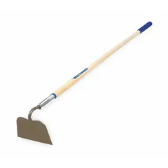 Steel-blade garden hoe with a straight handle. Blade measures 6 inches in length and 4 1/4 inches in width. Used for weeding, cultivating, and shaping soil in gardens and landscaping.