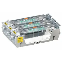3-pole open block design fuse block rated for 600 V AC. Accepts UL Class H and K fuses. Features box lug terminals and non-indicating construction. Used in industrial power distribution, motor control centers, and panelboards for mounting and connecting cartridge fuses.