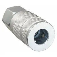 Steel quick-connect air coupling body with 1/4" female NPT threads and sleeve locking type. Designed for connecting pneumatic tools and hoses in compressed air systems. Suitable for industrial applications requiring secure, leak-free connections