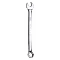 This metric 12-point combination wrench features a 13 mm head size and 7-inch overall length. Constructed of alloy steel with a chrome finish, it has an offset and rounded design for improved access in confined spaces. Suitable for tightening or loosening metric fasteners in automotive, machinery, and general assembly applications.