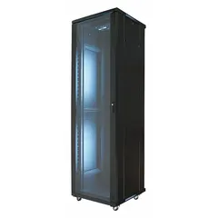 Steel enclosure with 42 rack units, measuring 81 1/8 x 23 5/8 x 23 5/8 inches. Includes two cooling fans and a tempered glass door. Used for housing and organizing servers, network switches, and patch panels in data centers or network closets.