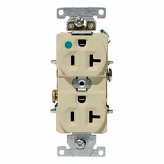 This LEVITON duplex receptacle is a hospital-grade device rated 20A at 125V AC. It features a 5-20R configuration and an ivory finish. Suitable for general-purpose power outlets in commercial and institutional settings where enhanced durability is required.