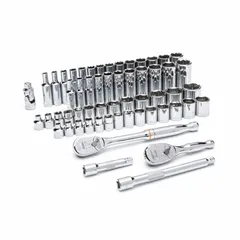This 57-piece socket set includes 3/8 in drive 6-point SAE sockets ranging from 1/4 in to 1 in (6 mm to 19 mm). Designed for general industrial fastening, it is suitable for assembly, maintenance, and repair tasks on SAE and metric fasteners in automotive, manufacturing, and facility maintenance environments.