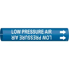 Blue snap-on pipe marker with white legend reading 'Low Pressure Air' and directional arrows. Fits pipe outer diameters from 1-1/2 to 2-3/8 inches. Used to identify low-pressure air lines in industrial piping systems, aiding in compliance with pipe identification standards.