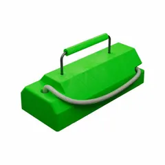 Urethane aircraft wheel chock in green, measuring 14 inches long, 6 inches wide, and 4 1/2 inches high. Single chock designed to secure aircraft wheels during ground operations, such as in hangars, on tarmacs, or during maintenance and loading. Urethane construction resists weathering and will not mar tires or painted surfaces.