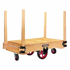 This platform truck features a 60 in L x 30 in W x 16 1/4 in H wooden deck with two swivel casters of 8 in diameter. Designed for moving heavy loads in warehouses, factories, and distribution centers, its swivel casters provide enhanced maneuverability in confined spaces.